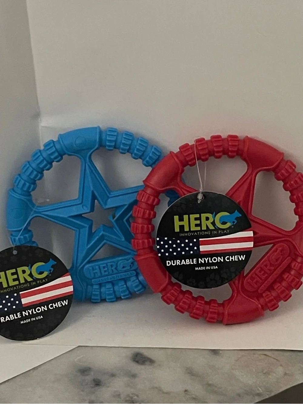 HERO 2 Dogs Durable Nylon Chew Ring Toy  - Red and Blue 6” ea